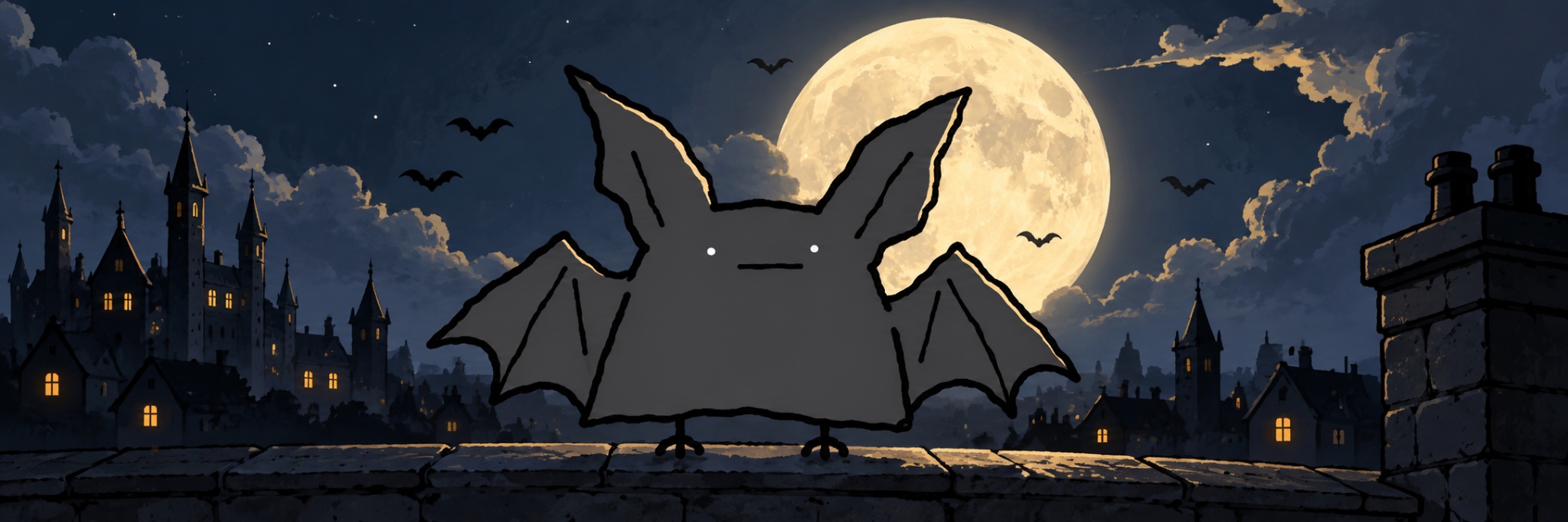 The original Dumbat banner: Dumbat on a gothic rooftop beneath a golden full moon