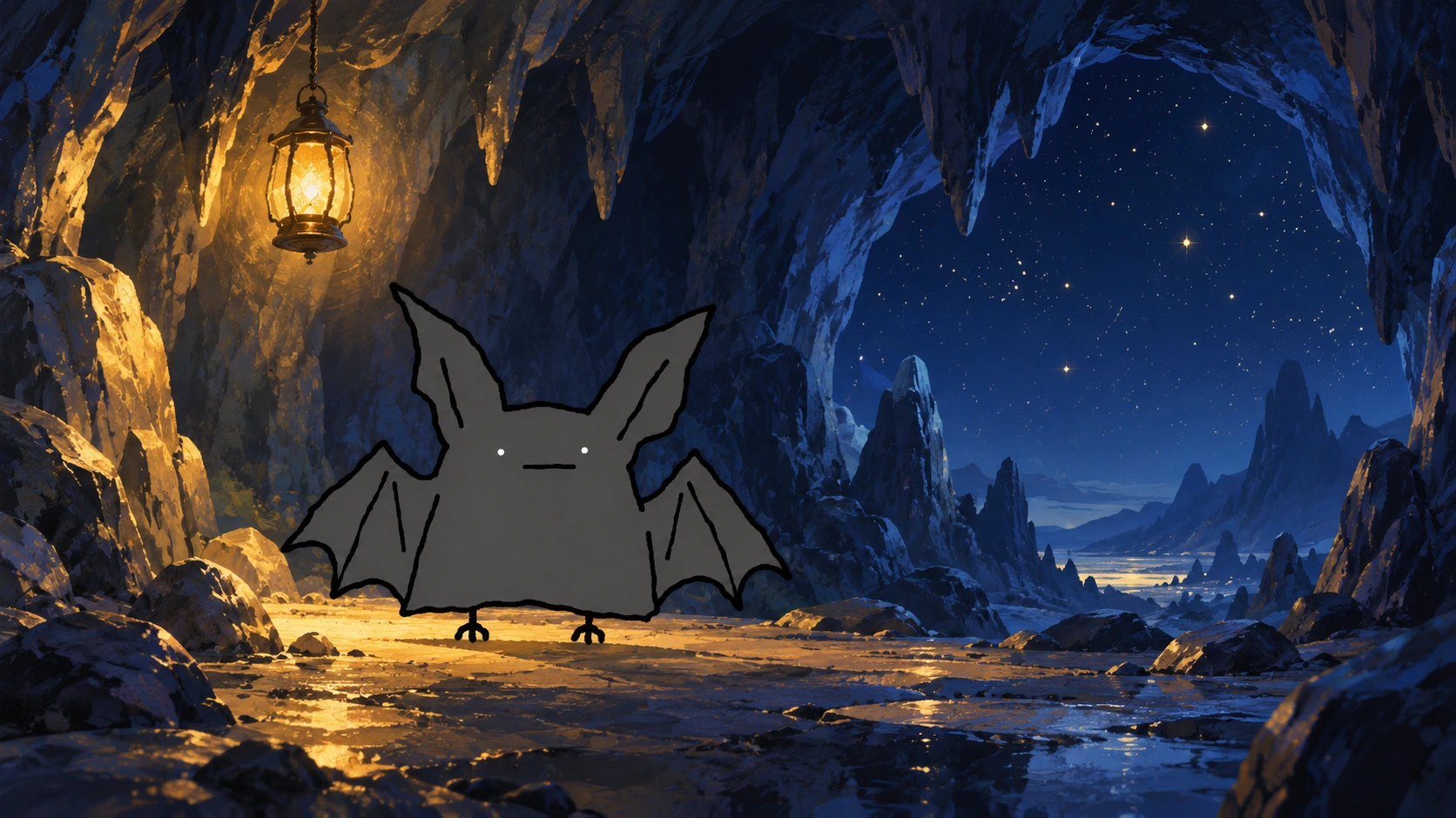 Dumbat inside a moonlit cave with a golden lantern
