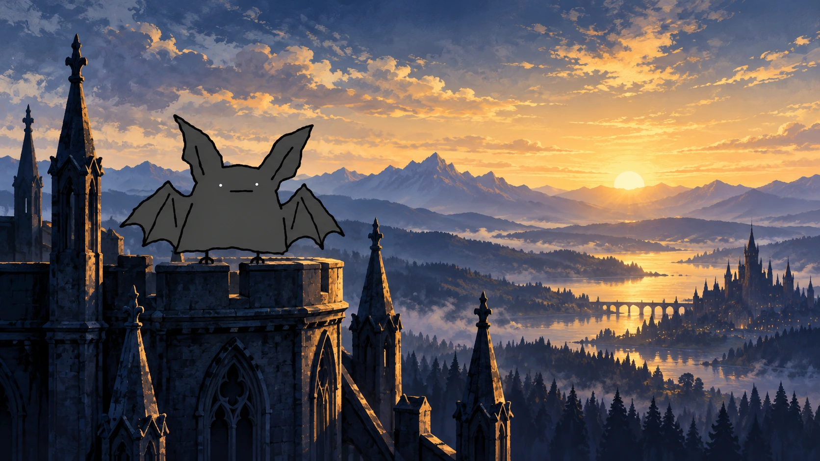 Dumbat on a gothic castle tower watching golden dawn over indigo mountains