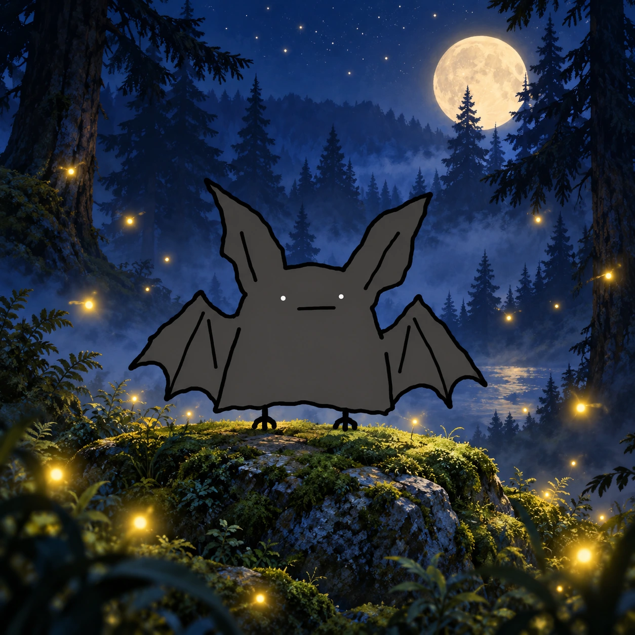 Dumbat in a misty midnight forest surrounded by golden fireflies