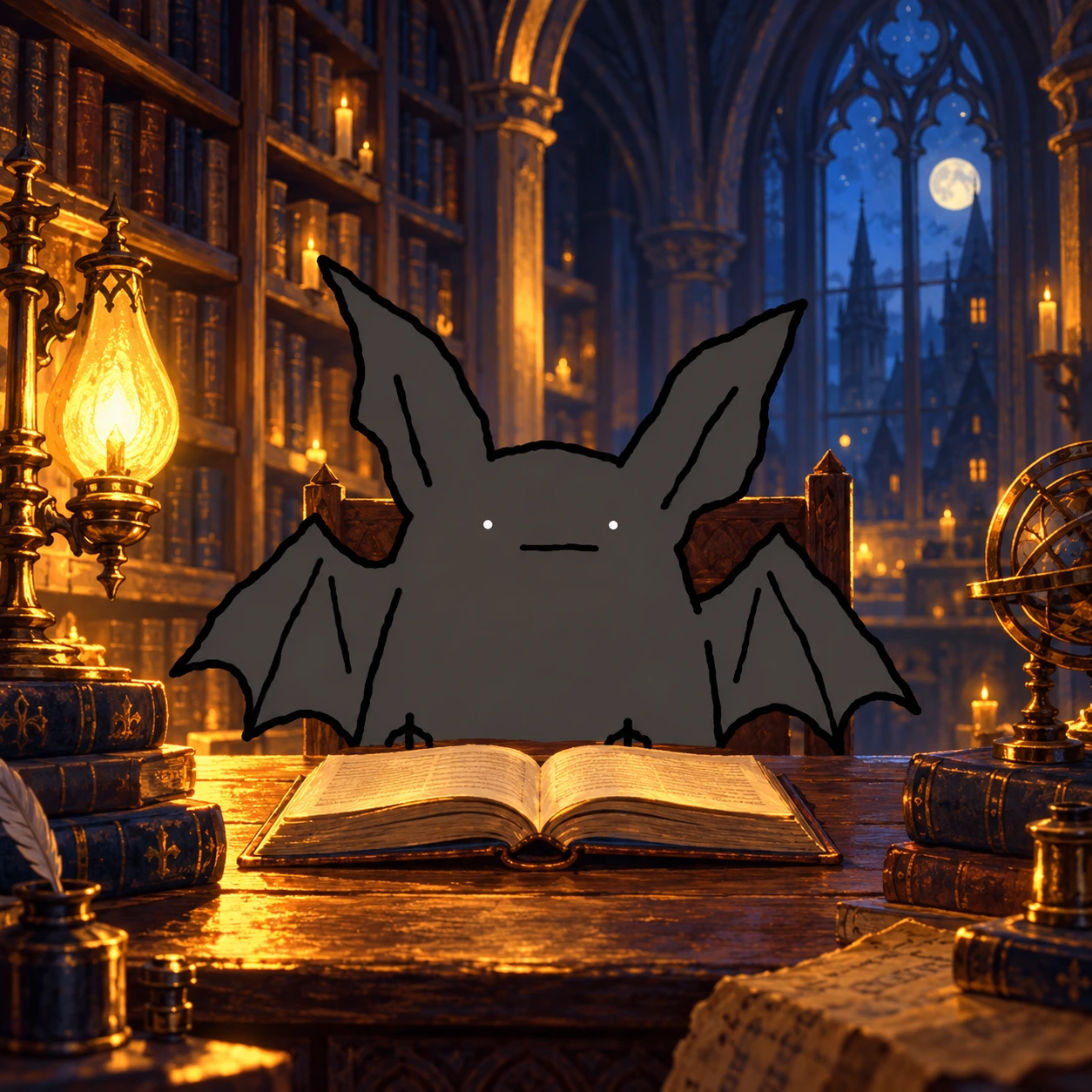 Dumbat at a desk in a candlelit gothic library with an upside-down book