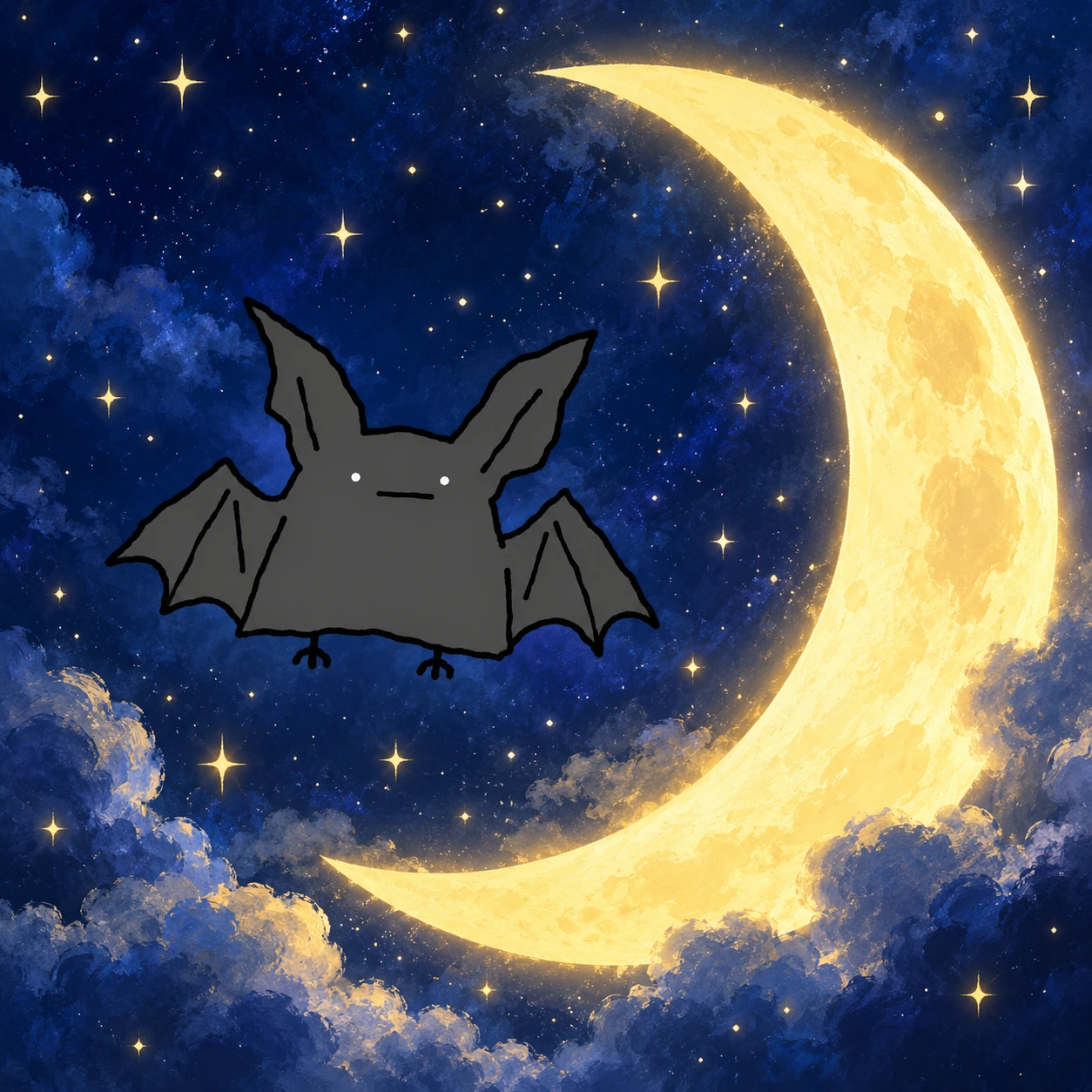 Dumbat floating through an indigo sky beside a golden crescent moon